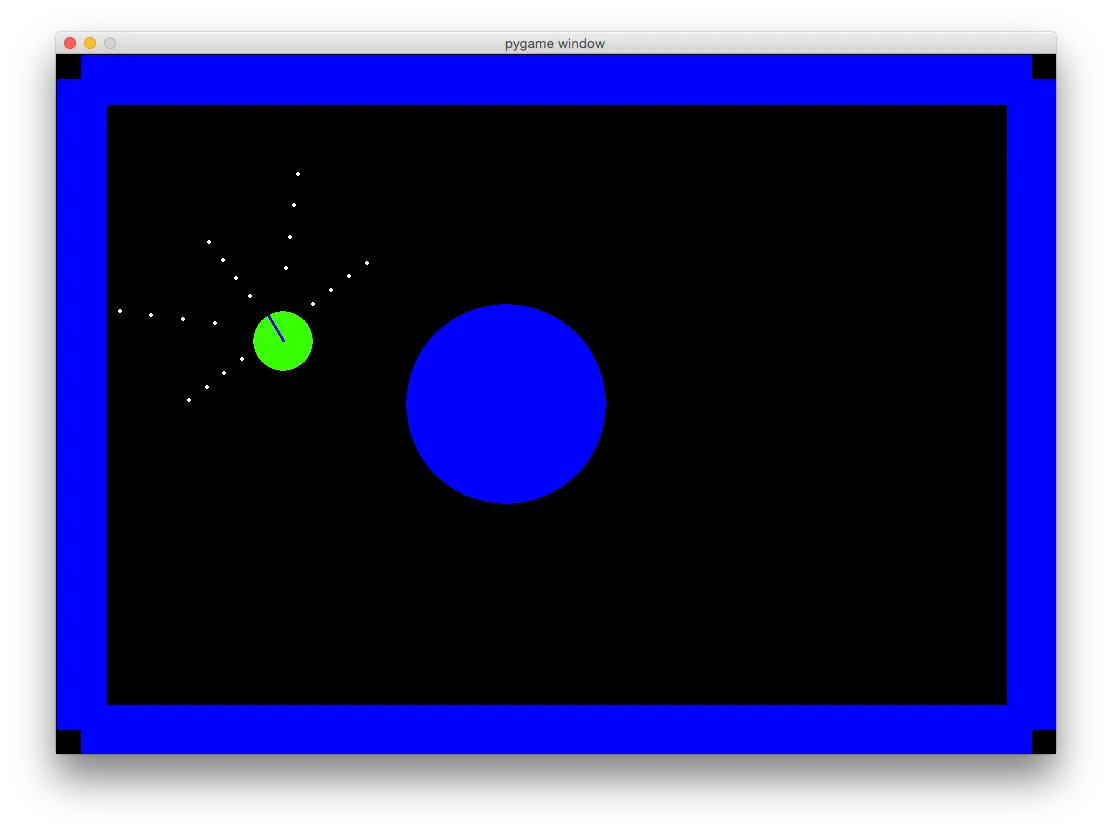 An earlier version of the game: a green car fanning out five lines of white sensor dots beside a large blue obstacle, inside a black field with blue walls