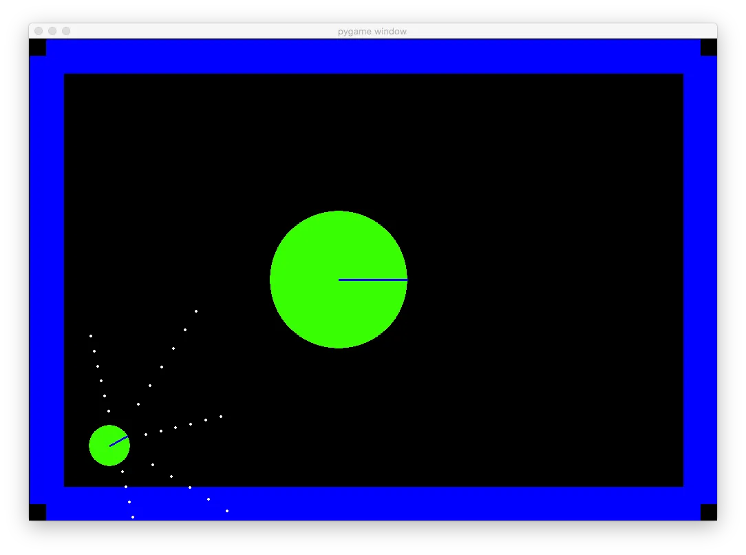 The first-generation game: a green car near the lower-left corner fans out three lines of white sensor dots, with one large green obstacle in the middle of a black field bordered by blue walls
