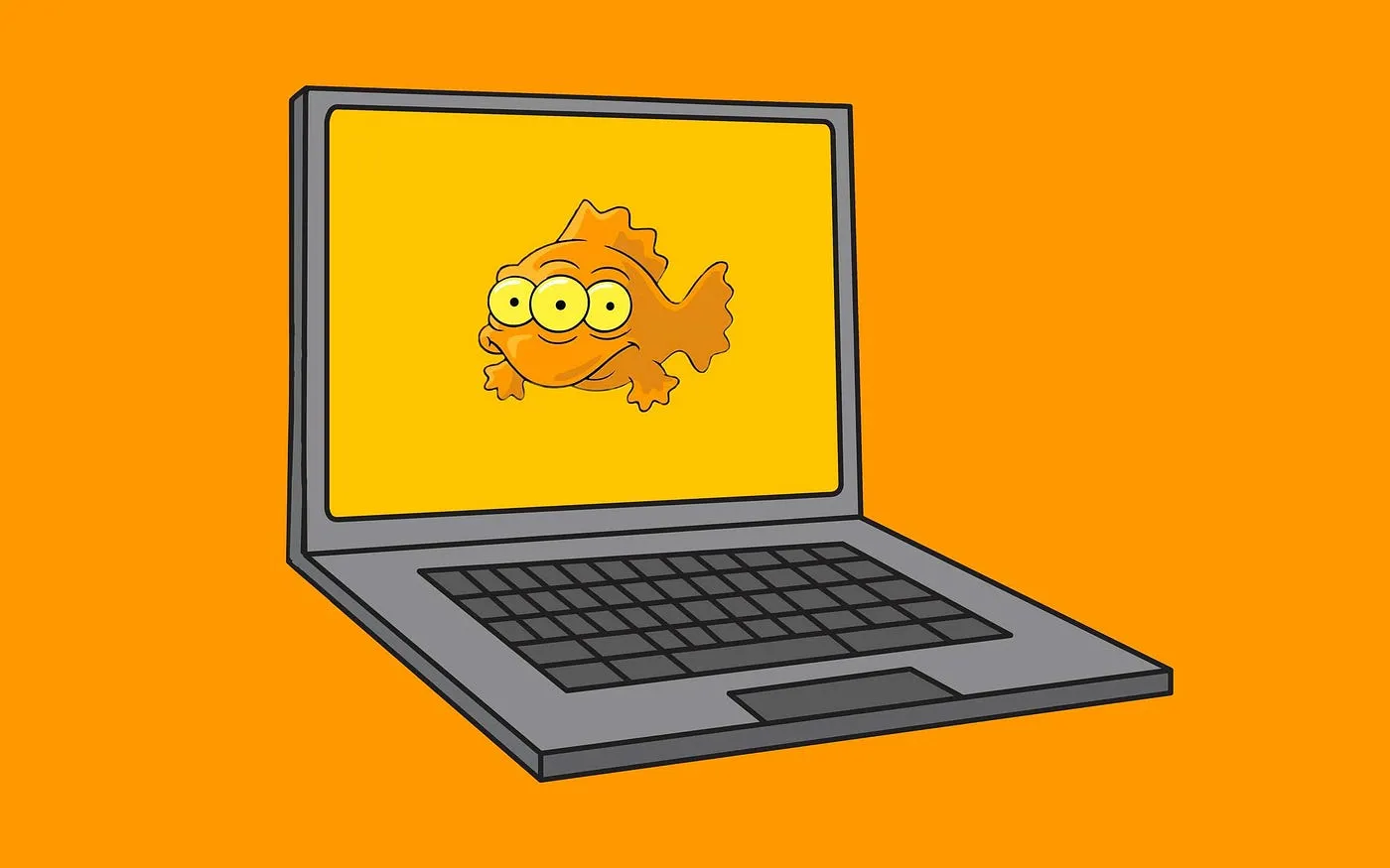 A cartoon laptop displaying a three-eyed orange fish against an orange background